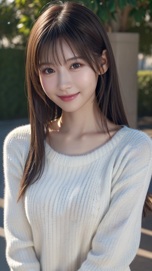 1 Japanese girl,(White sweater:1.4), (RAW Photos, highest quality), (Realistic, Realistic:1.4), Tabletop, Very delicate and beautiful, Very detailed, 8k wallpaper, wonderful, In detail, Very detailedなCG Unity, High resolution, Soft Light, Beautiful details 19 years old, Very detailedな目と顔, Beautiful and sophisticated nose, Beautiful details,Cinema Lighting,Perfect Anatomy,Slender body,smile (Asymmetrical bangs,)