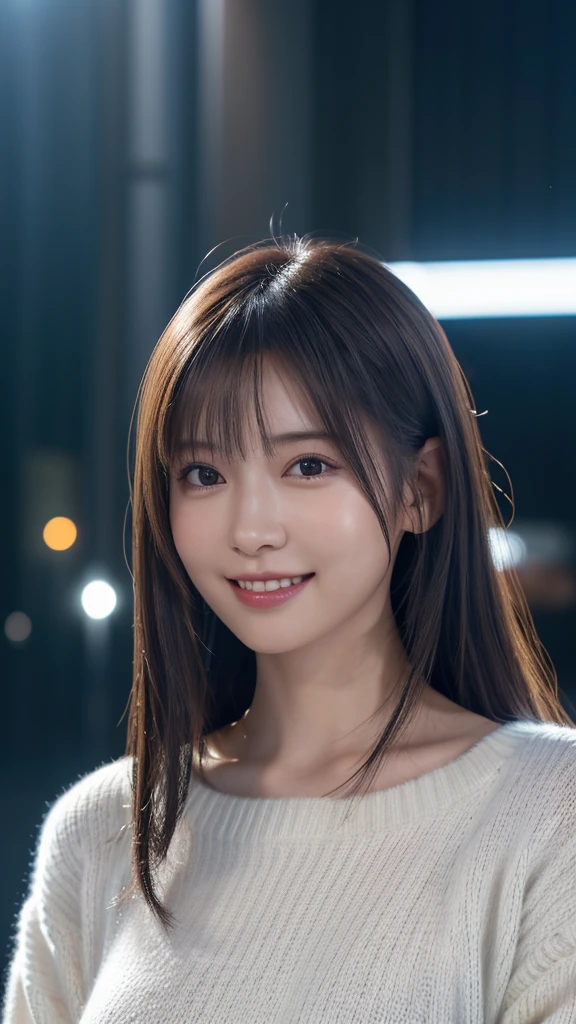 1 Japanese girl,(White sweater:1.4), (RAW Photos, highest quality), (Realistic, Realistic:1.4), Tabletop, Very delicate and beautiful, Very detailed, 8k wallpaper, wonderful, In detail, Very detailedなCG Unity, High resolution, Soft Light, Beautiful details 19 years old, Very detailedな目と顔, Beautiful and sophisticated nose, Beautiful details,Cinema Lighting,Perfect Anatomy,Slender body,smile  (Asymmetrical bangs,)