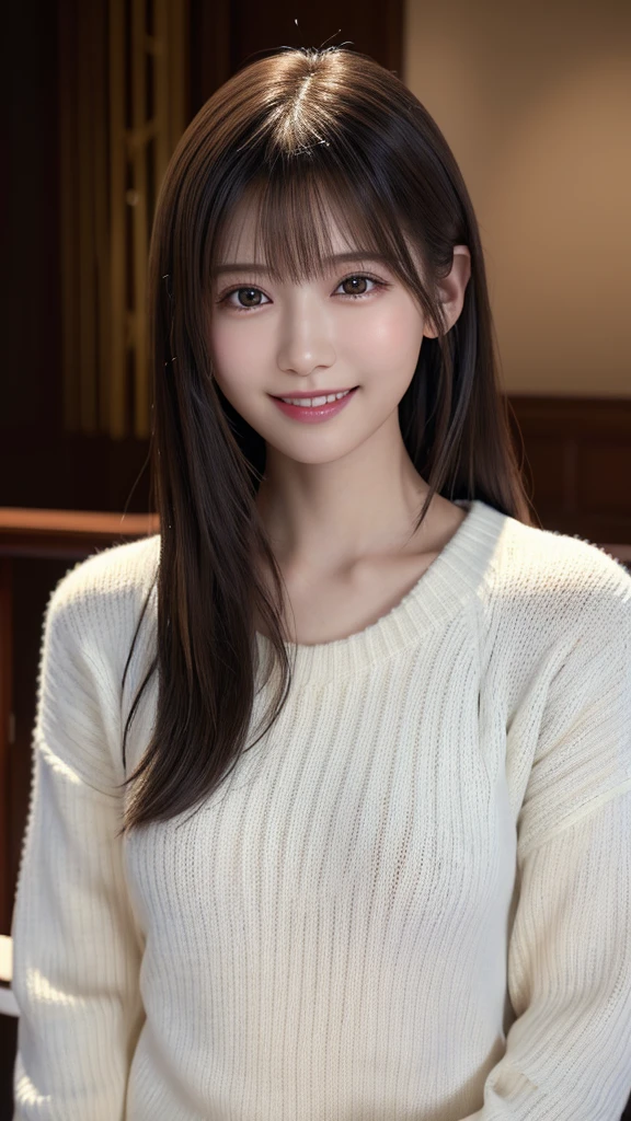 1 Japanese girl,(White sweater:1.4), (RAW Photos, highest quality), (Realistic, Realistic:1.4), Tabletop, Very delicate and beautiful, Very detailed, 8k wallpaper, wonderful, In detail, Very detailedなCG Unity, High resolution, Soft Light, Beautiful details 19 years old, Very detailedな目と顔, Beautiful and sophisticated nose, Beautiful details,Cinema Lighting,Perfect Anatomy,Slender body,smile  (Asymmetrical bangs,)