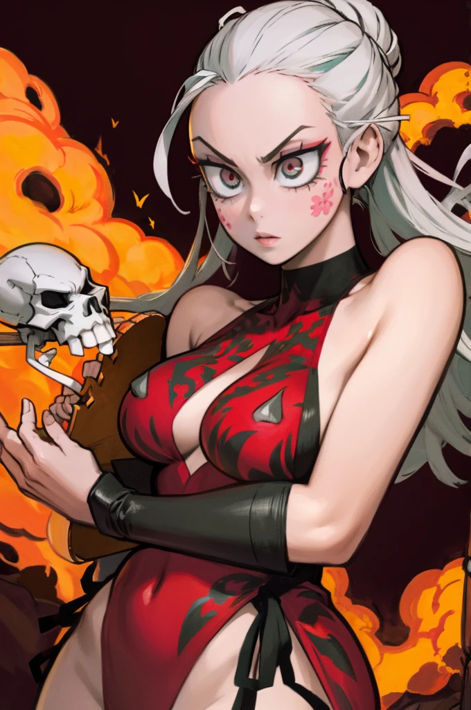 Woman body set large breasts(best quality, highres, ice skull:1.1), A girl with a body made of lava, featuring a Dracula Orchid pattern. (best quality, ultra-detailed), (realistic), vibrant colors, intense lighting, lava-like texture, hauntingly beautiful composition, surreal atmosphere, contrasting dark shadows, mesmerizing glow, detailed facial features, flowing lava tendrils, fiery eyes, ethereal presence, intricate floral patterns, mysterious aura."