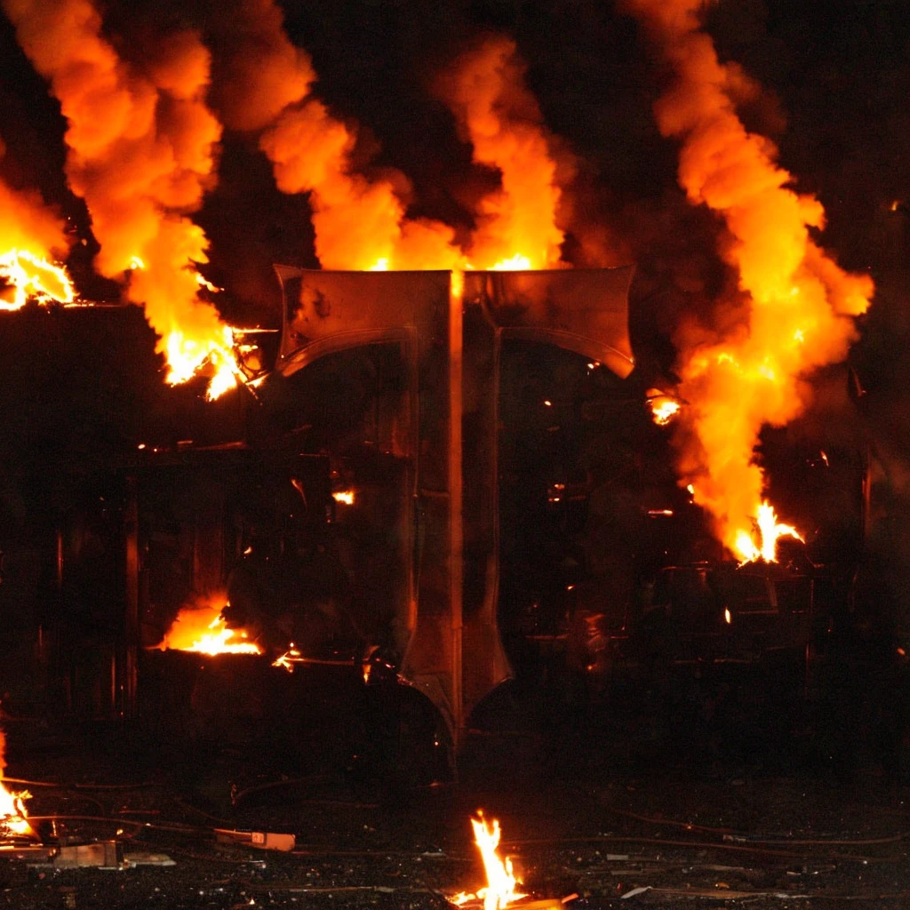 fire,flames behind the T, fumes