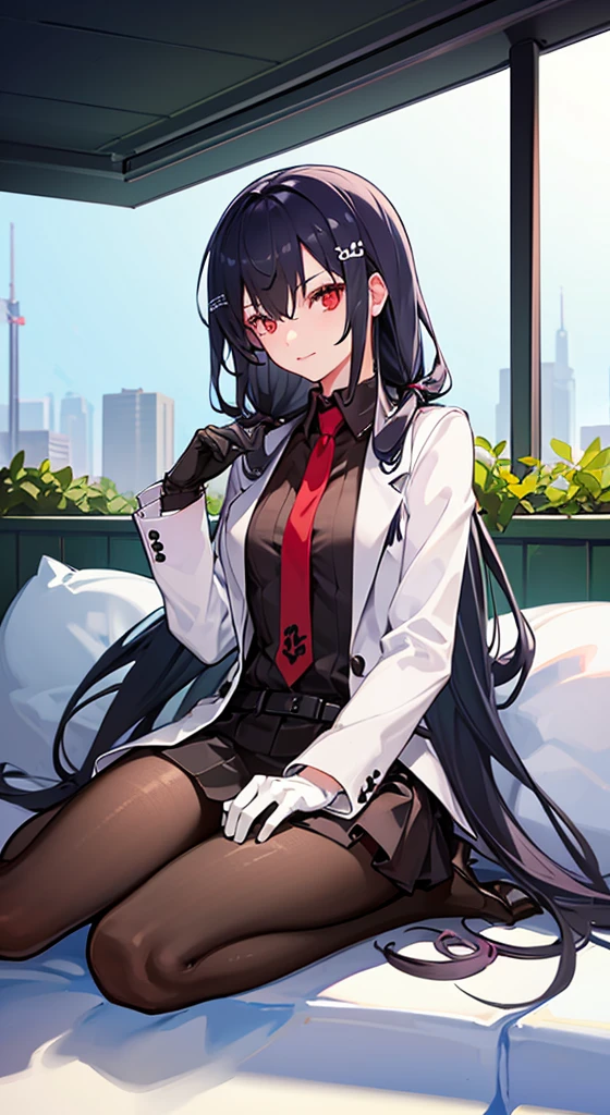 Girl with long white hair, red eyes, sitting on a guy with long black hair