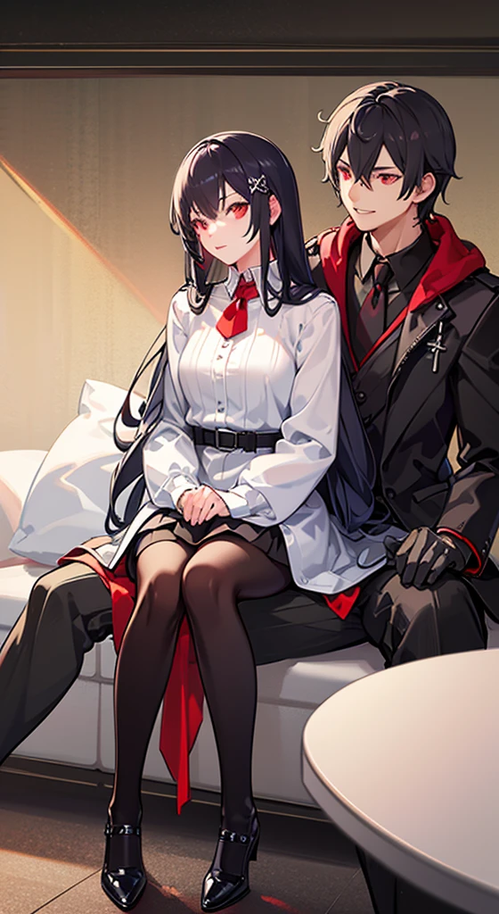 Girl with long white hair, red eyes, sitting on a guy with long black hair