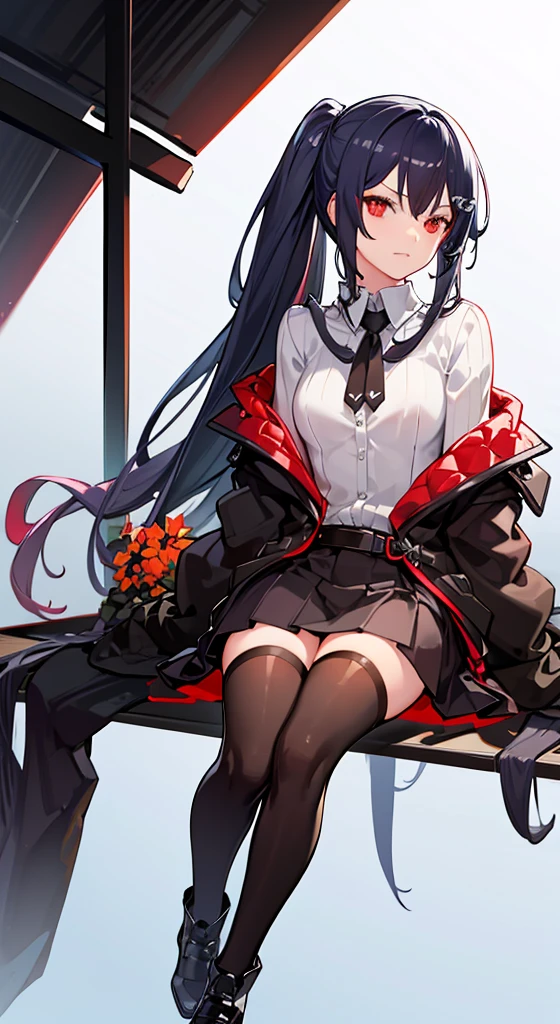 Girl with long white hair, red eyes, sitting on a guy with long black hair