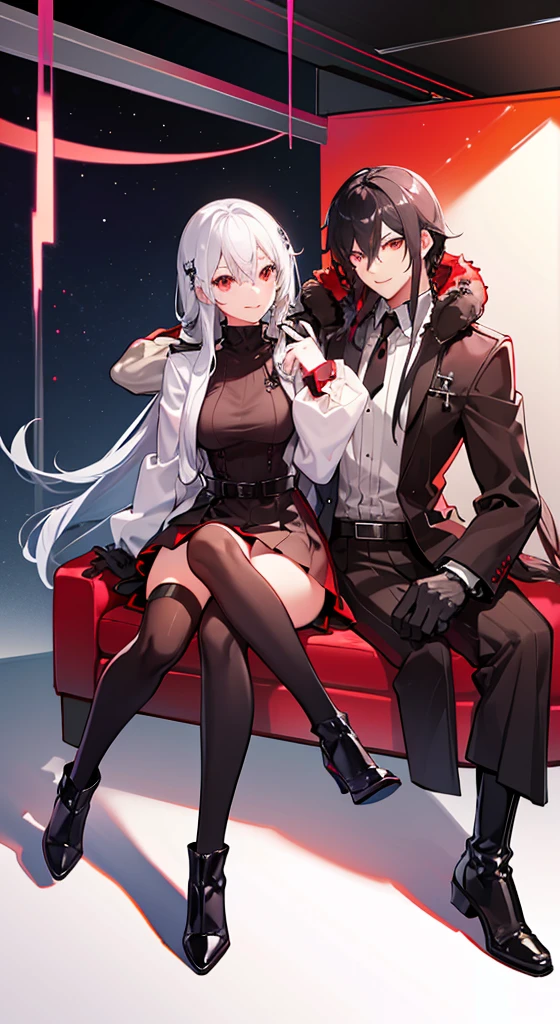 Girl with long white hair, red eyes, sitting on a guy with long black hair