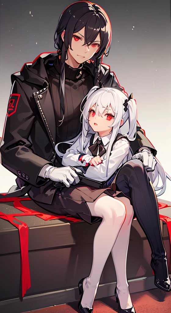 Two anime people, one guy with long loose black hair, one girl with long white hair and red eyes, pregnant, laying on a bed, chains, sad