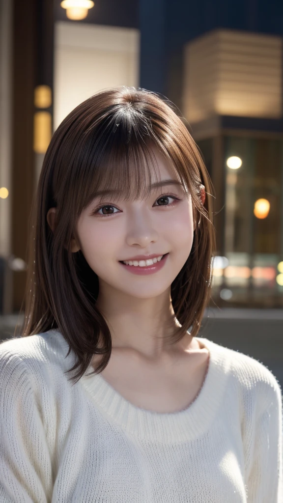 1 Japanese girl,(White sweater:1.4), (RAW Photos, highest quality), (Realistic, Realistic:1.4), Tabletop, Very delicate and beautiful, Very detailed, 8k wallpaper, wonderful, In detail, Very detailedなCG Unity, High resolution, Soft Light, Beautiful details 19 years old, Very detailedな目と顔, Beautiful and sophisticated nose, Beautiful details,Cinema Lighting,Perfect Anatomy,Slender body,smile  (Asymmetrical bangs,)