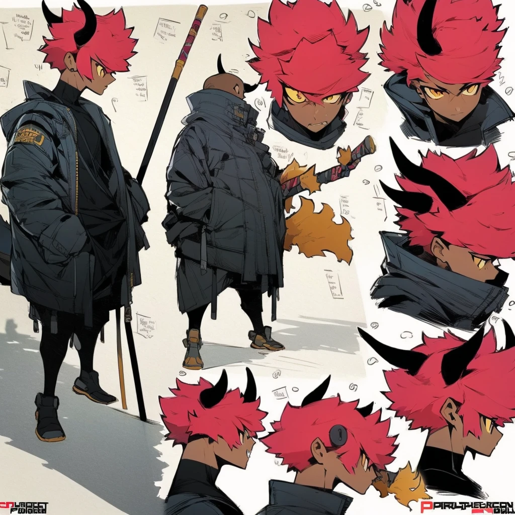 ((Best Quality)), ((Masterpiece)), (detailed), ((below view)), ((white background)) 1 woman, ((dark skin)), seriously face, red hair, blank, looking down, full body, standing, full body, mature body, ((yellow lighting eyes)), holding staff, punch hand, (huge sheep horns), ((sharp teeth)), small layer of grass under your feet, ((dragon tail)), walking, lava dog, large haircut, fighting, lighting bolt.