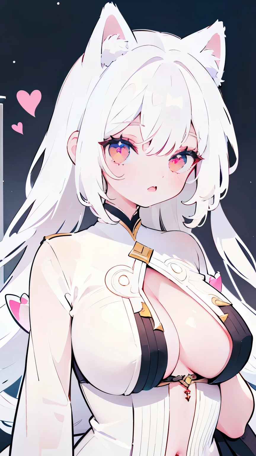 Tsundere girl, white cat ears,white hair, big bust, 1 woman, masturbation, no clothes, Nipple, very detailed, realistic, beautiful lips, beautiful and delicate eyes, long hair, heart eyes, red eyes