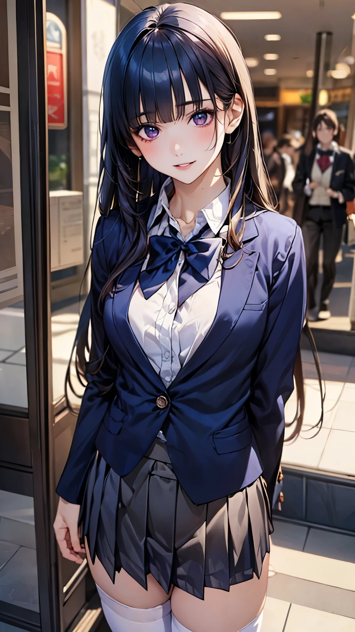 (masterpiece:1.2, top-quality), (realistic, photorealistic:1.4), beautiful illustration, (natural side lighting, movie lighting), nsfw,
looking at viewer, 1 girl, japanese, high school girl, perfect face, cute and symmetrical face, shiny skin,
(long hair:1.4, hime style, hime cut, navy blue hair), blunt bangs, purple eyes, big eyes, long eye lasher, (medium breasts, seductive thighs), slender,
beautiful detailed hair, beautiful detailed face, beautiful detailed eyes, beautiful clavicle, beautiful body, beautiful chest, beautiful thigh, beautiful legs, beautiful fingers,
(white collared shirt, white thigh-highs, navy blazer, gray pleated miniskirt, dark red bow tie),
(beautiful scenery), evening, (shopping mall:1.2), standing, (lovely smile, upper eyes, parted lips),