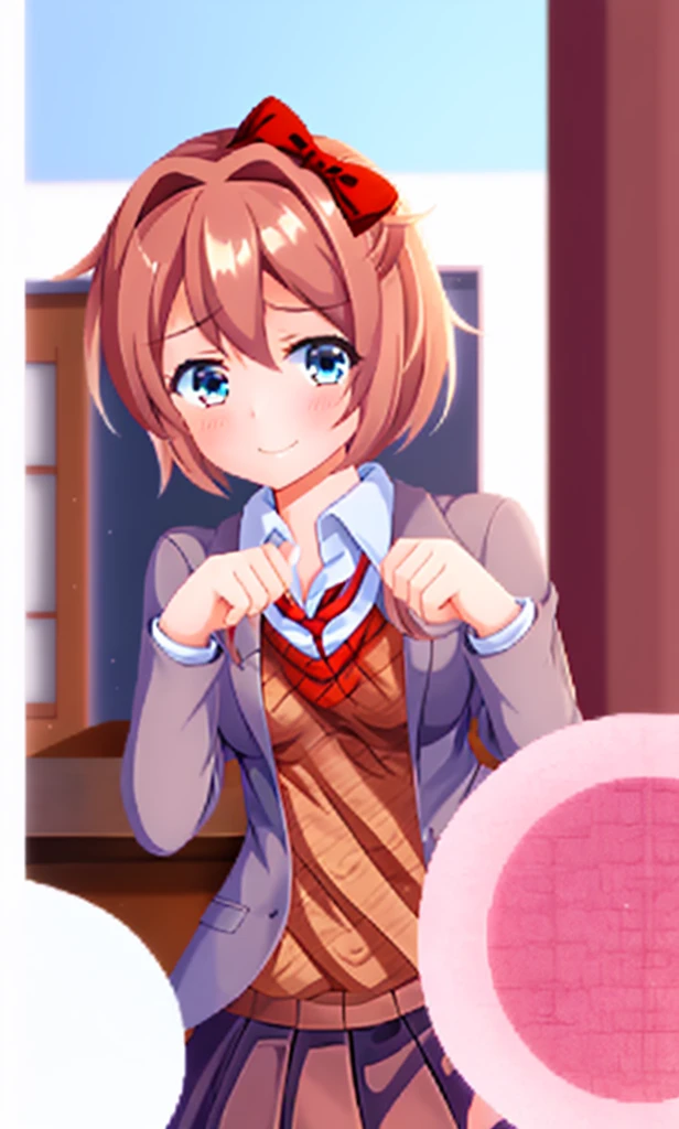one girl, Sayori, DDLC, school blazer, hair bow, close to girl, light blue eyes, beautiful, index finders together, ashamed, blush, upward glance, dry smile, index finders, shifty eyes, short skirt, girl focus