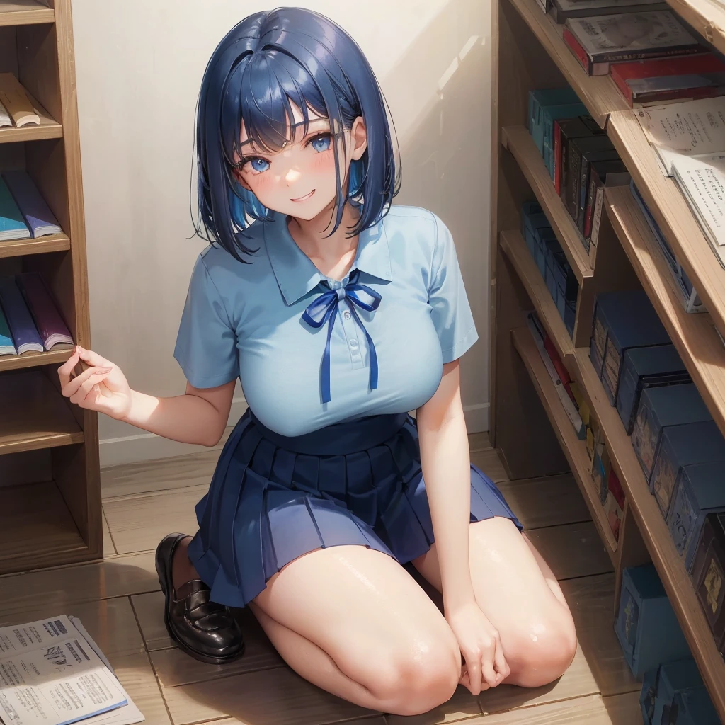 1. High school girl　17-year-old female　Bobcut　dark blue hair color　High School Uniform　Light blue Y-shirt　Short sleeve　Blue Ribbon　dark blue hair color　Slim figure　Large Breasts　Full body portrait　学校のlibrary　Smiling Kindly　Laugh a little　library　Hand Signs　Squat　Kneel　Look up here　