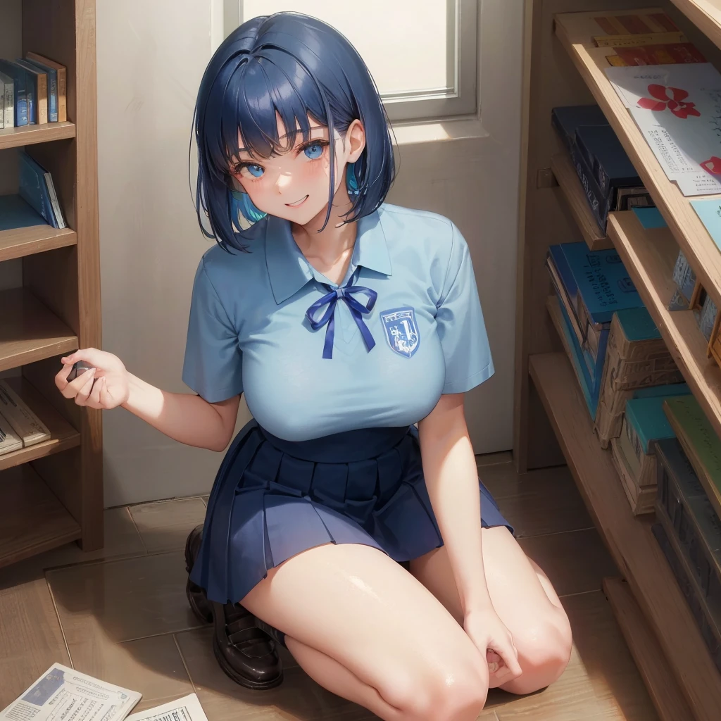 1. High school girl 17-year-old female Bobcut dark blue hair color High School Uniform Light blue Y-shirt Short sleeve Blue Ribbon dark blue hair color Slim figure Large Breasts Full body portrait 学校のlibrary Smiling Kindly Laugh a little library Hand Signs Squat Kneel Look up here