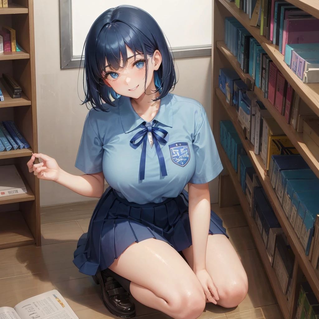 1. High school girl 17-year-old female Bobcut dark blue hair color High School Uniform Light blue Y-shirt Short sleeve Blue Ribbon dark blue hair color Slim figure Large Breasts Full body portrait 学校のlibrary Smiling Kindly Laugh a little library Hand Signs Squat Kneel Look up here