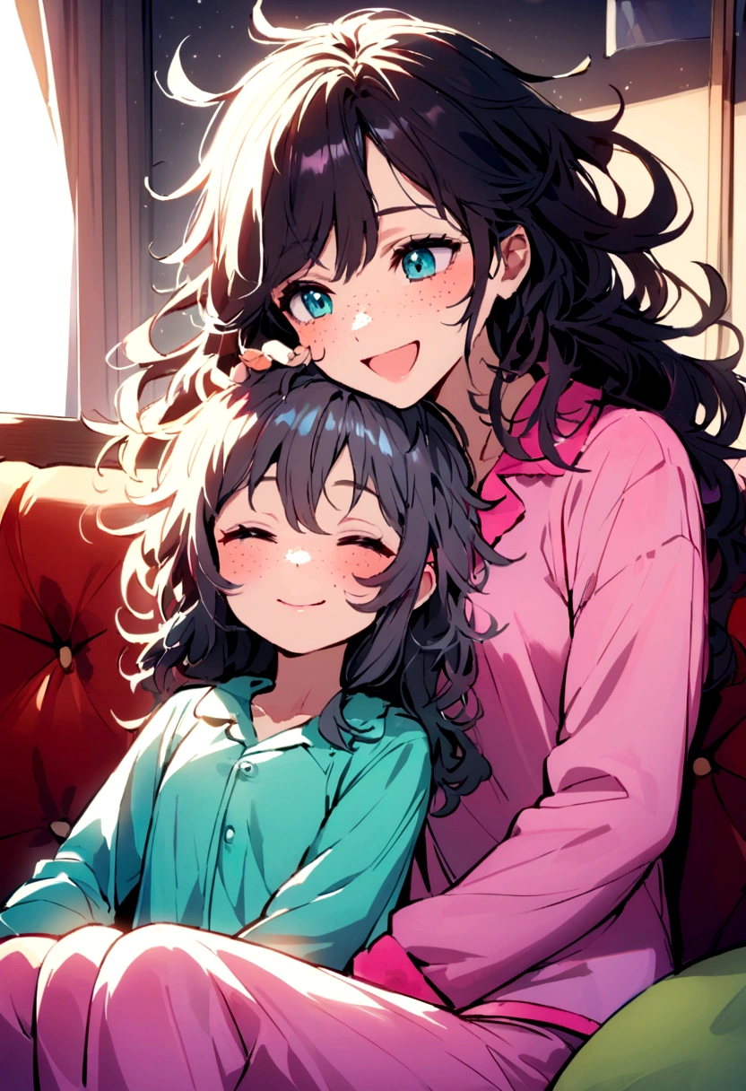 Bimbo, long black hair girlfriend smiles and comforts boyfriend. The boyfriend has a black wolfcut as his hairstyle.
