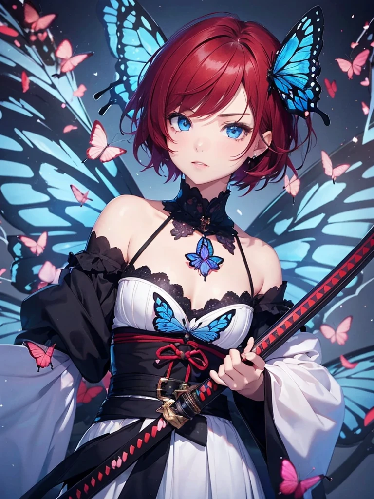 Girl with short scarlet hair, blue eyes, butterfly decoration in hair, using a dark energy katana.