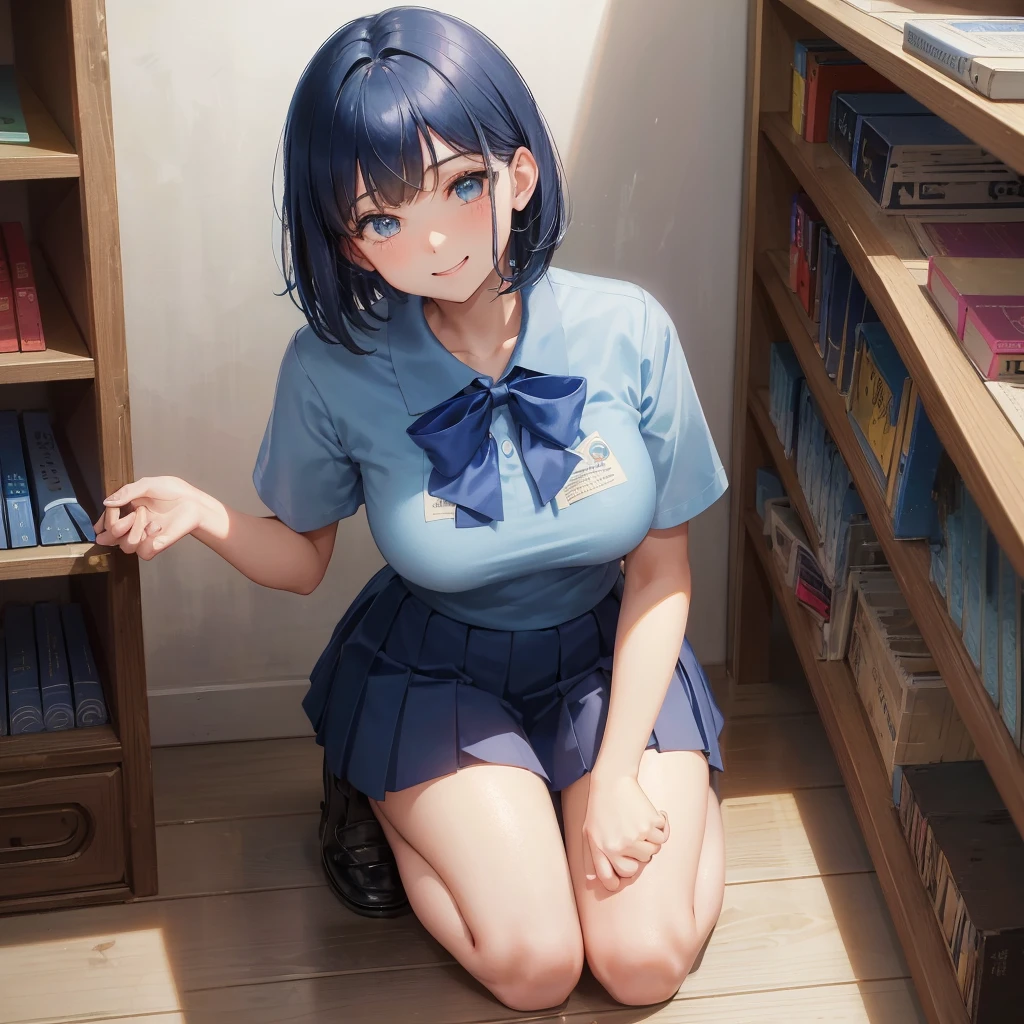 1. High school girl　17-year-old female　Bobcut　dark blue hair color　High School Uniform　Light blue Y-shirt　Short sleeve　Blue Ribbon　dark blue hair color　Slim figure　Large Breasts　Full body portrait　学校のlibrary　Smiling Kindly　Laugh a little　library　Hand Signs　Squat　Kneel　Look up here　