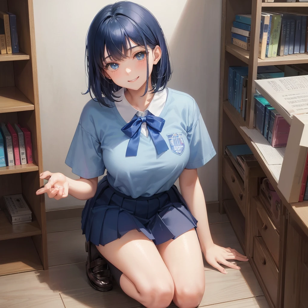 1. High school girl 17-year-old female Bobcut dark blue hair color High School Uniform Light blue Y-shirt Short sleeve Blue Ribbon dark blue hair color Slim figure Large Breasts Full body portrait 学校のlibrary Smiling Kindly Laugh a little library Hand Signs Squat Kneel Look up here