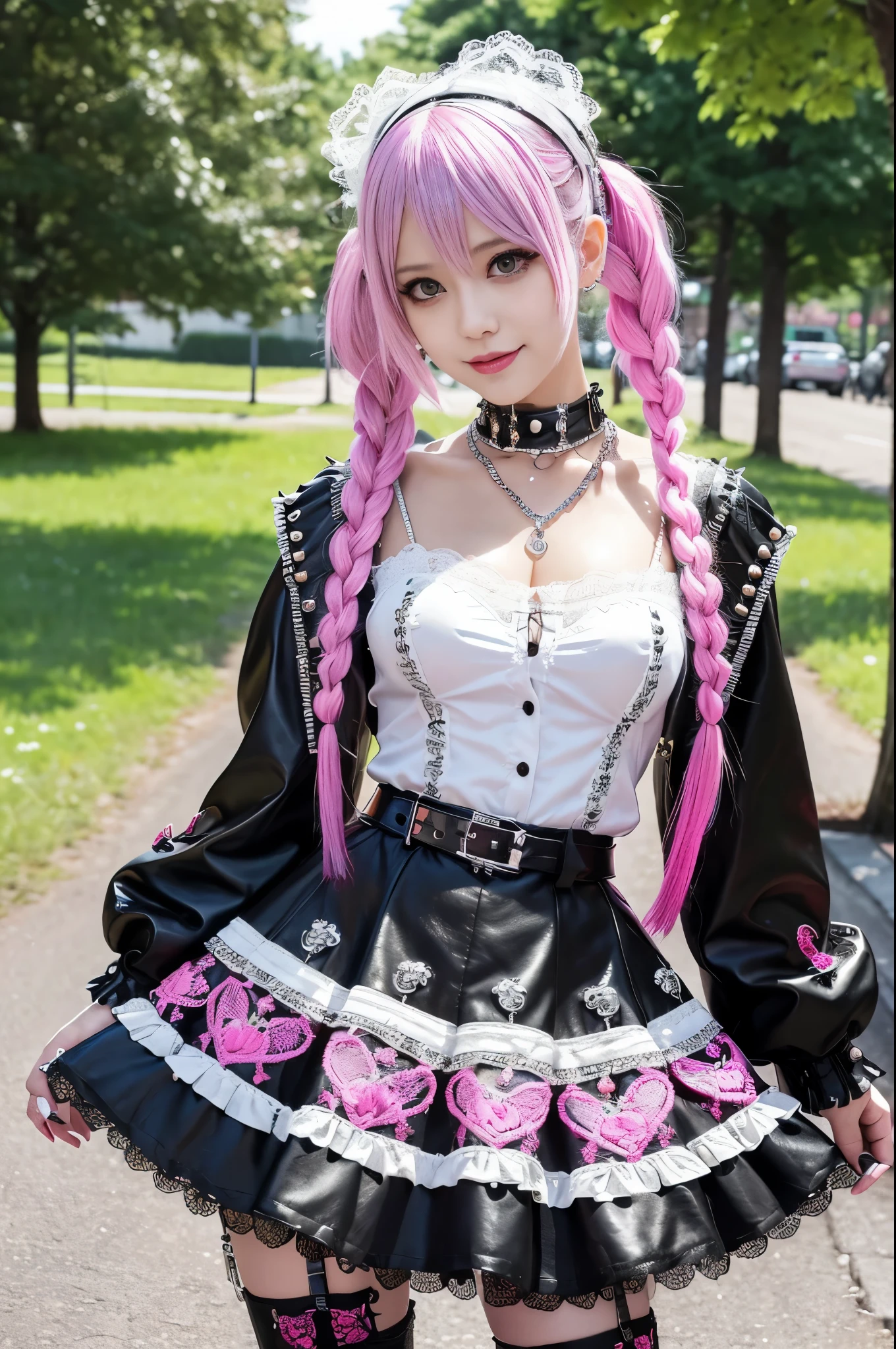 sexy stylish Swedish model, only 1 female, ((doll-like appearance)), long neon pink stylish hair, ((shiny Punk-Style boots)), (smiling face), ultra detailed eyes, Punk makeup, lipgloss, ((sexy Punk Lolita cosplay)), unconventional skirt, petticoats, high neckline, ((ultra detailed lace)), ((ultra detailed embroidery)), intricate details, tartan patterns, (silver chains), (silver spikes), (safety pins), Punk Lolita accessoires, Punk Lolita choker, ((large sparkling Punk Lolita jewelry)), cinematic light, detailed large park background with trees