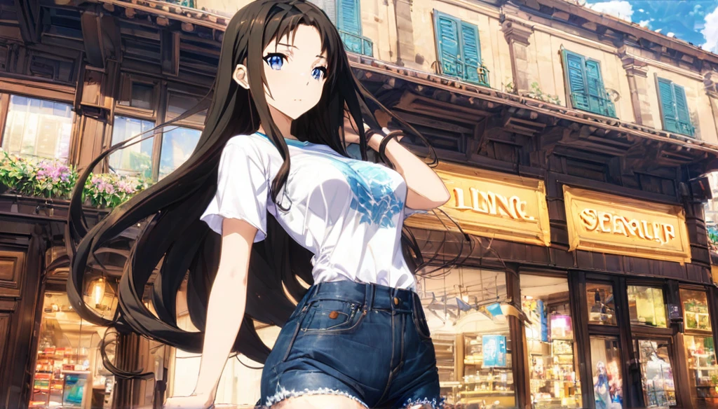 ((Anime Infinite Stratus Art, 8k, ultra full high definition, epic quality, epic texture)). The theme is mysterious. The setting is a street in Rome, it's summer, it's daytime, there are some shops, there are people passing by the scene. The focus is a girl, her name is Yukiko, 13 years old, very short stature, very messy blonde hair(long:3.1) with bangs, ice blue eyes, wonderful face, she has white skin, shapely body, narrow chest, large and round breasts, thin waist, narrow hips, big and perky butt(emphasis), she's wearing denim shorts(short:1.5) and a low-cut flowery t-shirt(short:1.5), she's naive and sensual, she's strolling through the scene. The climate is calm and serene.
