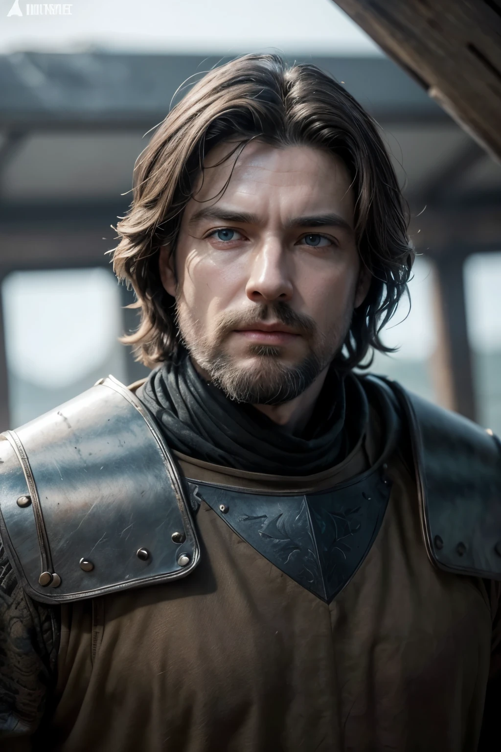 The dryness, Um homem de 50 anos, is a born strategist and respected military leader. With short brown hair and a neatly trimmed beard, your blue eyes are always observant and calculating. The dryness é conhecido por sua habilidade em resolver conflitos e sua lealdade firme aos Stark. He is a charismatic leader who inspires confidence and respect in his men. north of westeros. Northern medieval armor. Longhaire.
