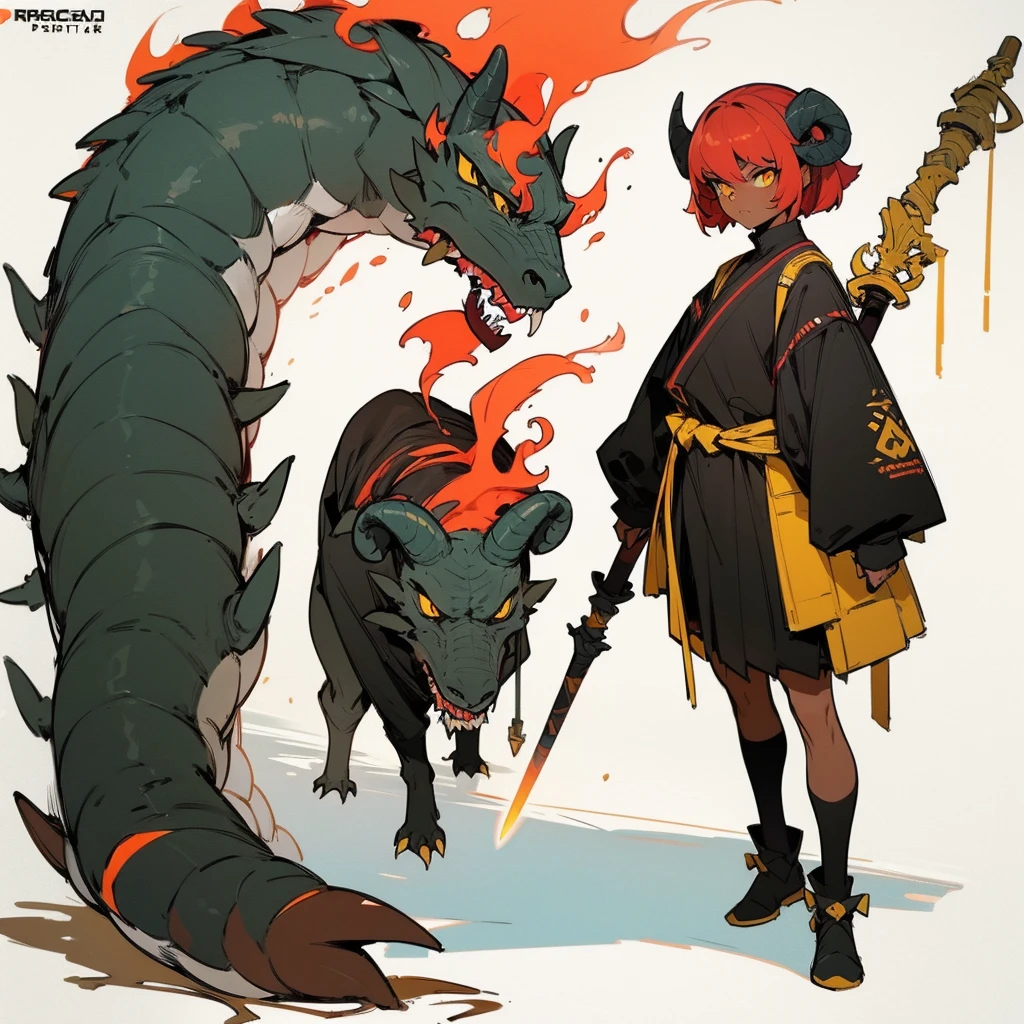  ((Best Quality)), ((Masterpiece)), (detailed), ((below view)), ((white background)) 1 woman, ((dark skin)), seriously face, red hair, blank, looking down, full body, standing, full body, mature body, ((yellow lighting eyes)), holding staff, punch hand, (huge sheep horns), ((sharp teeth)), small layer of grass under your feet, ((dragon tail)), walking, lava dog, large haircut, fighting, lighting bolt.