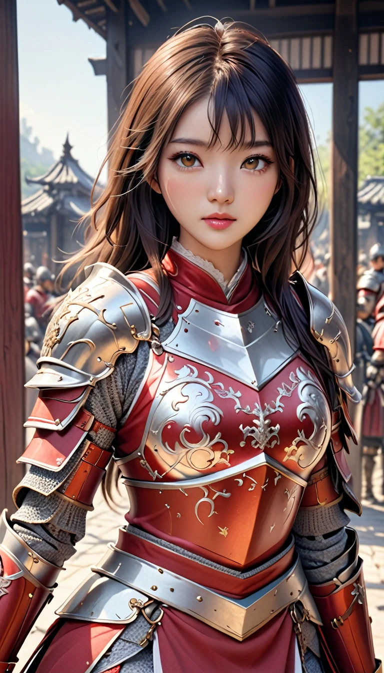 {{{photorealistic, masterpiece, best quality, ultra-detailed, high resolution, detailed eyes, detailed hair}}}, asian girl, beautiful, {knight}, slim, full armor, red armor, armored skirt