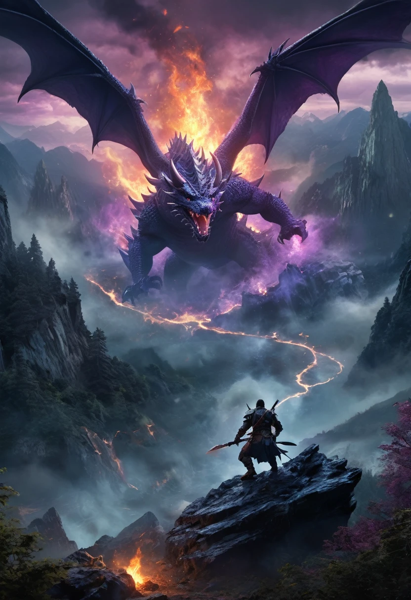 Warriors × fight dragons, Art in the Forest at Art Station, Dungeons, Balrog, The dragon shoots blazing fire from its mouth, d&d, Lord of the Ring, Firing, Conan, Dark Souls, Hazy background, Realistic epic, Rutkowski, High resolution, Intricate details, Ultra-detailed, Cinematic, Rim Light, Calm colors: 1.2, Dark fantasy, Dark Sky, Dark mountains in the background々I can see, Dark atmosphere, fear,  Horror, impressive, Dark and stormy sky in shades of blue and purple