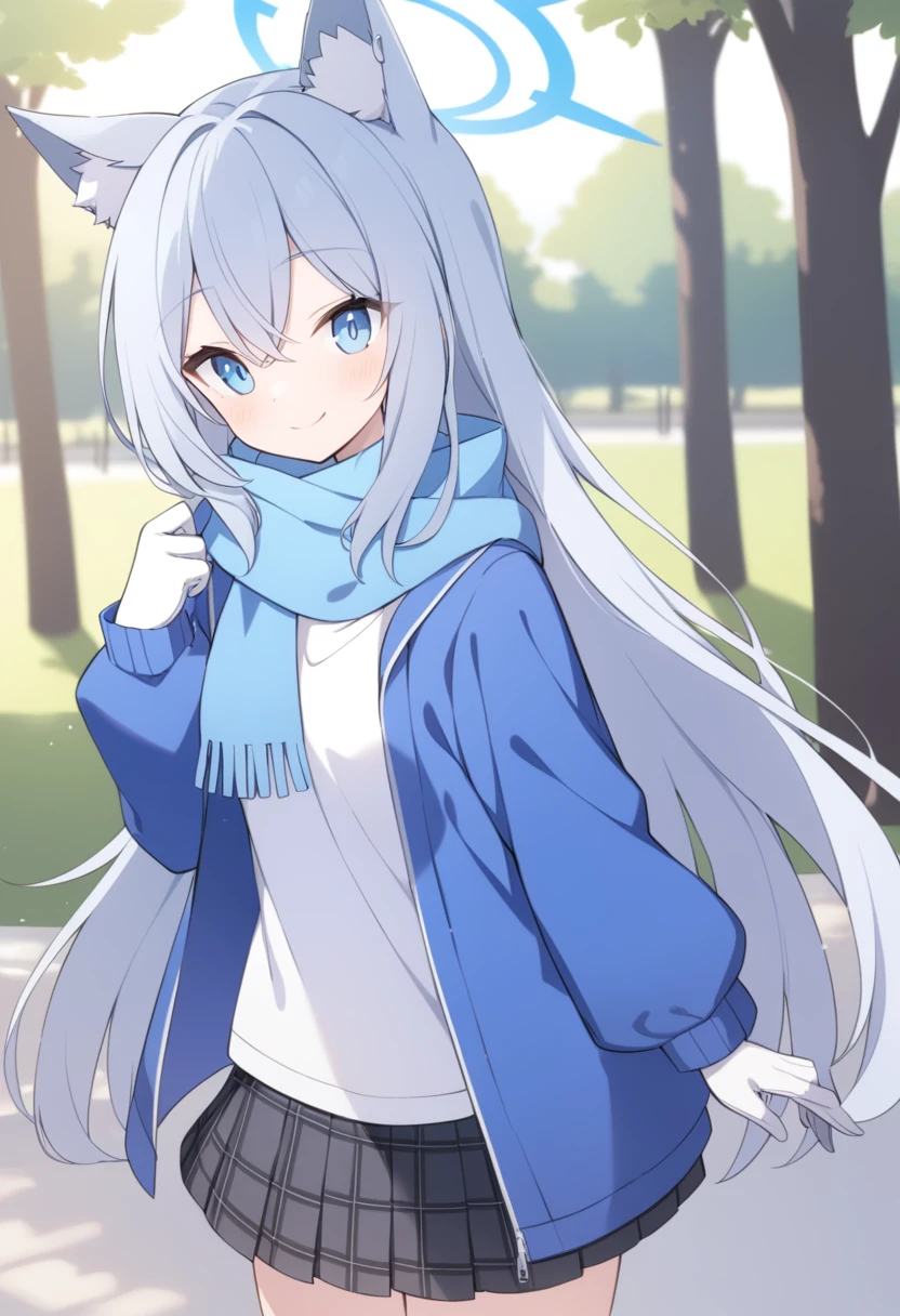 girl，Silver long hair, blue eyes, Wearing a blue hooded jacket,戴着Blue hood，A sky blue scarf, A white T-shirt, White gloves, And black plaid skirt, Standing in the park，Smile, Blue Halo，Blue hood，戴着Blue hood，Gray wolf ears