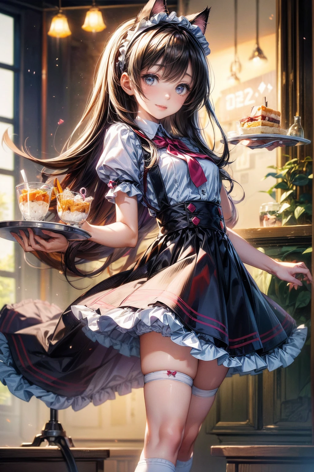 One Girl、(20-year-old woman)、Cat ears headband、Cat tail、Black maid outfit、Holding a tray with two parfaits on it in one hand、With the other hand, lift your skirt to show your underwear、Short skirt、I can see your pants、White knee-high socks、Striped pants、Highest quality、8K、Beautiful Face、Mischievous smile、Wink to the viewer、View Viewer、Bright cafe