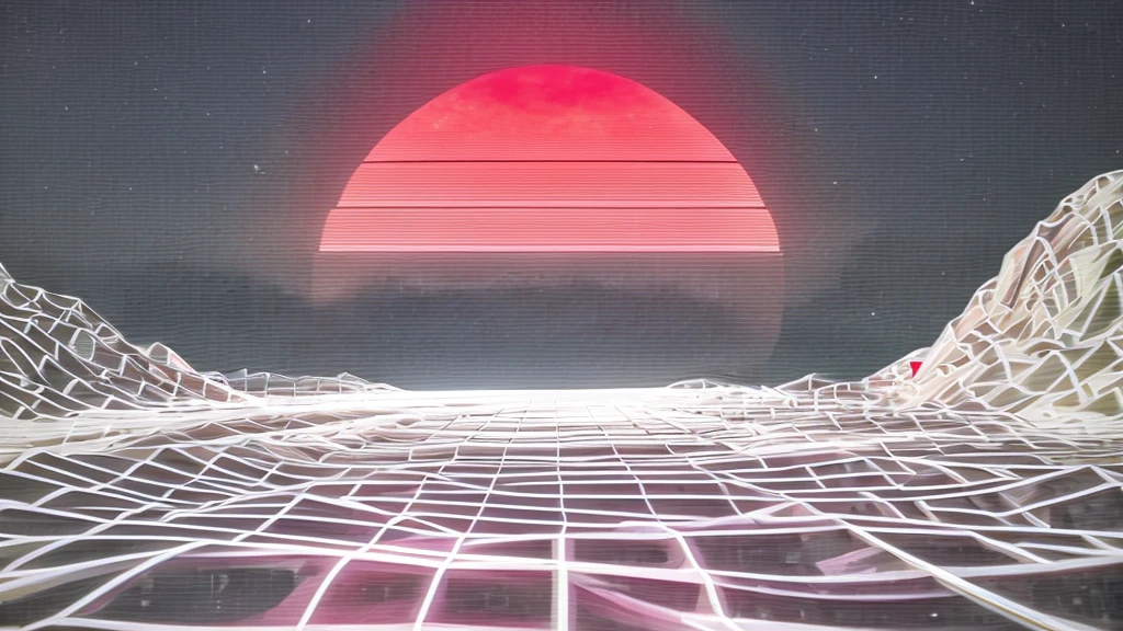 White wireframe on the beach at night, sun
