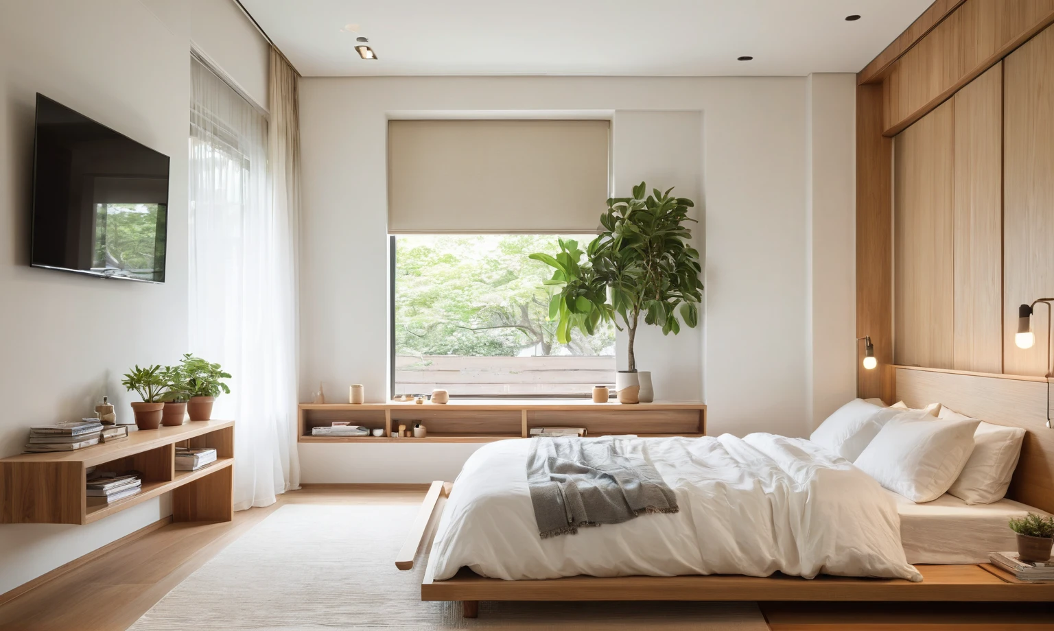 A serene Muji-style bedroom bathed in warm light from recessed downlights. Crisp white walls and natural wood accents create a tranquil ambiance. A flat-screen TV hangs above a minimalist shelf. A low-profile bed with [mention the specific colors of the bed linens] rests near a geometric wall decor. Natural light filters through a window with wooden blinds. Wooden armchairs with white cushions invite relaxation near a warm floor lamp. A potted plant and framed artwork add personal touches. ((8k)), high quality detail, minimalist design, neutral color palette, natural materials, clean lines, serene and functional, modern Japanese aesthetic, low-profile bed, geometric wall decor, floating shelf, wall-mounted TV, recessed ceiling, LED strip lighting, wooden blinds, wooden furniture, potted plant, framed artwork.