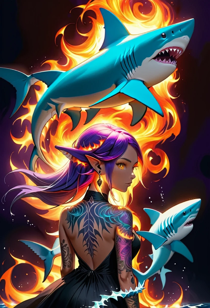  a picture of a an elf with  a ((tattoo of a shark: 1.5)) on her back, Dark fantasy art, fantasy art, goth art,, a glowing tattoo of a ((shark: 1.3)) on the back of the elf, the ((shark tattoo)) is vivid, intricate detailed coming to life from the ink to real life, GlowingRunesAI_purple, ((fire surrounds the shark: 1.5)), shoot taken from the back, ((the back is visible: 1.3), she wears a transparent black dress, the dress is elegant, flowing, elven style, that the tattoos glow, dynamic hair color, dynamic hair style, faize,, Digital Painting, Intense gaze