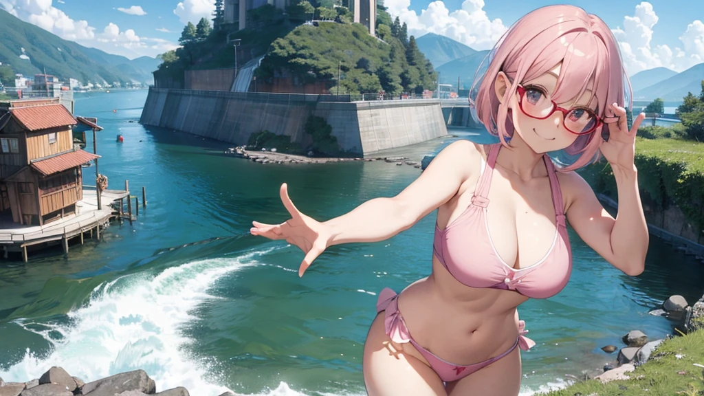 solo,whole body,Right leaning,Light pink hair,Bob Hair,Red Glasses,Panty shot,登Mountainウェア,dam,Mountain,smile,Big Breasts,cute,wave hands