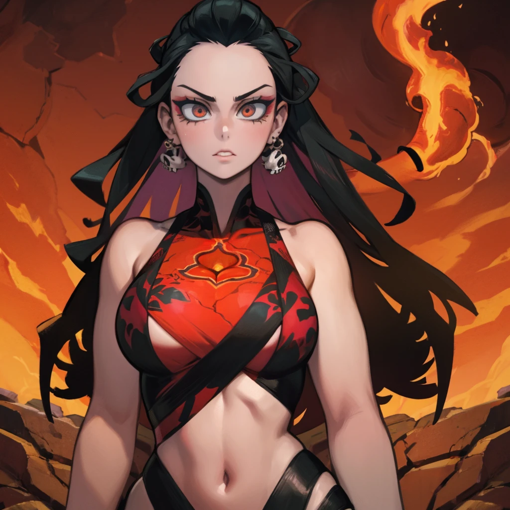 Woman body set large breasts(best quality, highres, ice skull:1.1), A girl with a body made of lava, featuring a Dracula Orchid pattern. (best quality, ultra-detailed), (realistic), vibrant colors, intense lighting, lava-like texture, hauntingly beautiful composition, surreal atmosphere, contrasting dark shadows, mesmerizing glow, detailed facial features, flowing lava tendrils, fiery eyes, ethereal presence, intricate floral patterns, mysterious aura."