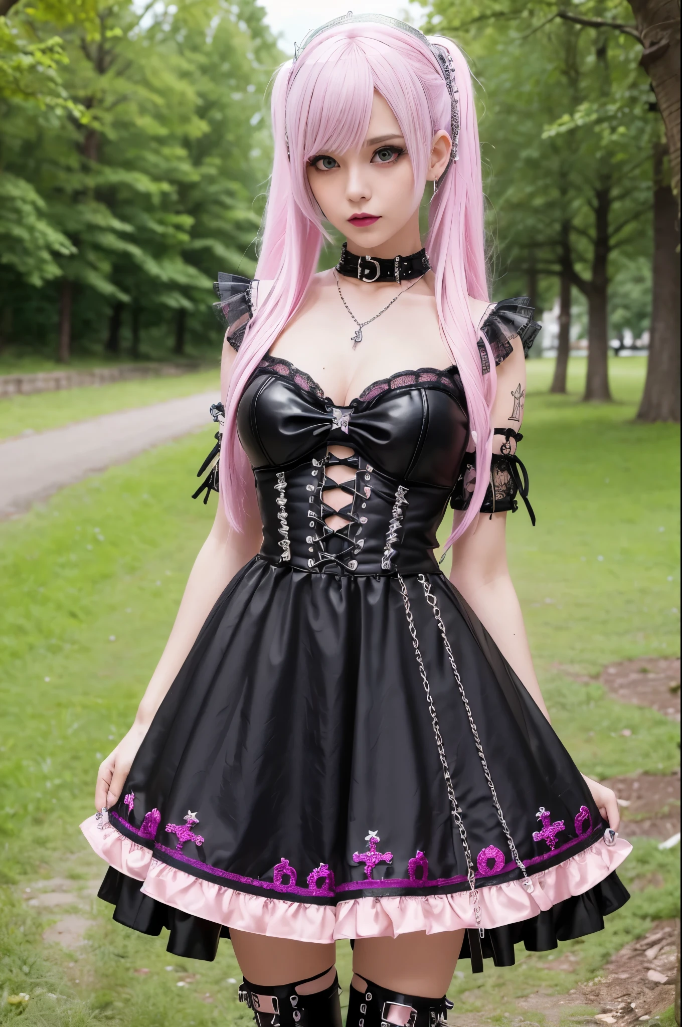 sexy stylish Swedish model, only 1 female, ((doll-like appearance)), long neon pink stylish hair, ((shiny Punk-Style boots)), (smiling face), ultra detailed eyes, Punk makeup, lipgloss, ((sexy Punk ta cosplay)), unconventional skirt, petticoats, high neckline, ((ultra detailed lace)), ((ultra detailed embroidery)), intricate details, tartan patterns, (silver chains), (silver spikes), (safety pins), Punk Loliccessoires, Punk Lolita cr, ((large sparkling Punk Lolita jewel, cinematic light, detailed large park background with trees