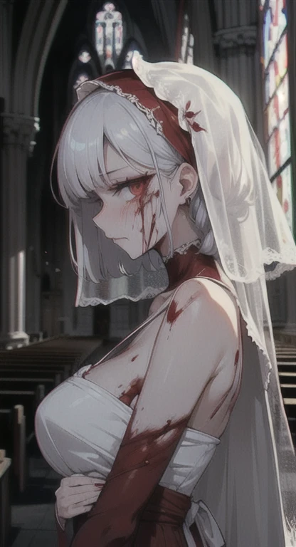 Sweating, Bride, blood everywhere, bride covered in blood, church, looking at viewer blankly, blushing, blood on her face, side view, blood dripping, blood, blood,