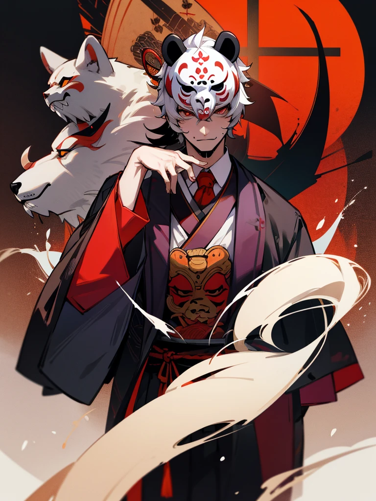 Nichimanga style, oni face, zen zen, a man with a devil mask, unruly expression, delicate face, wearing a kimono, surrounded by angels, with lightning on his body, and a divine beast behind him