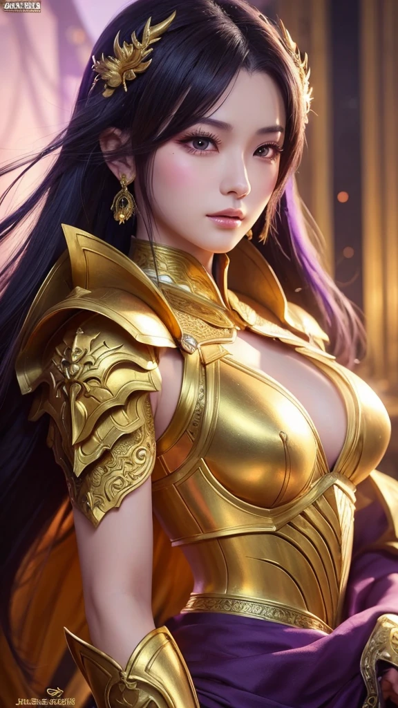 Close-up of a woman in a gold and purple dress, Chengwei Pan at Art Station, Jan J, Detailed fantasy art, Amazing character art, Fan Art Best Art Station, Magnificent and elaborate character art, Beautiful Armor, Highly detailed art, Detailed digital anime art, Art Station pixiv's artgerm, Girl in armor