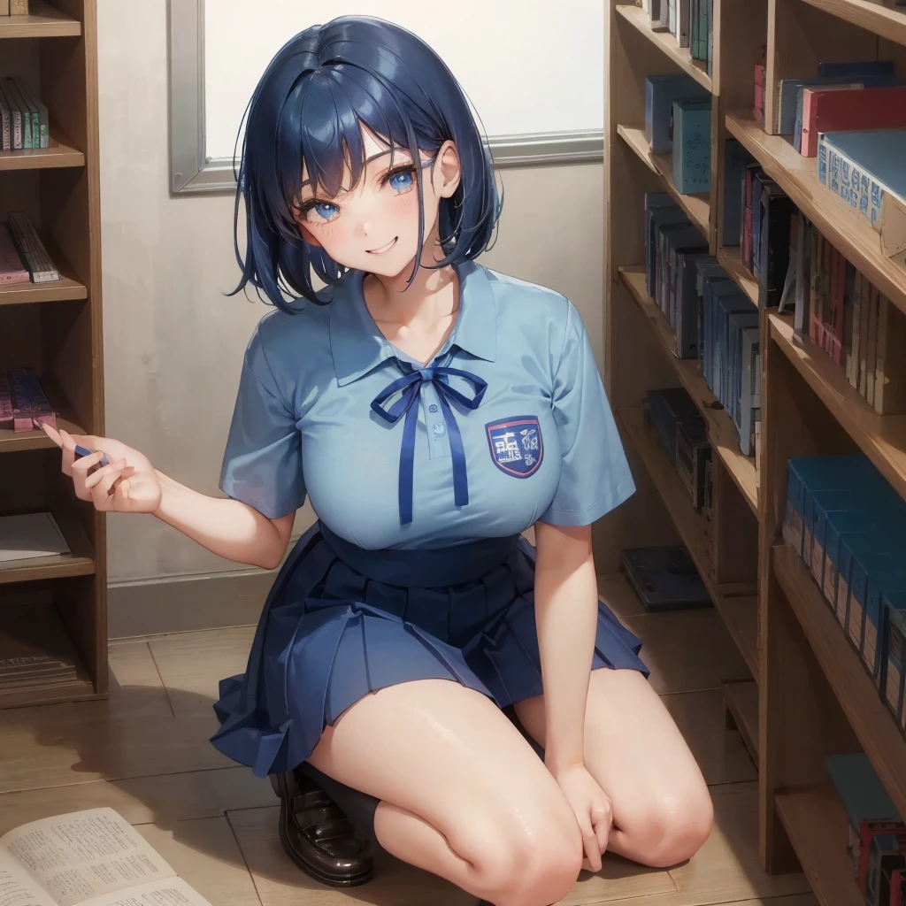 1. High school girl 17-year-old female Bobcut dark blue hair color High School Uniform Light blue Y-shirt Short sleeve Blue Ribbon dark blue hair color Slim figure Large Breasts Full body portrait 学校のlibrary Smiling Kindly Laugh a little library Hand Signs Squat Kneel Look up here