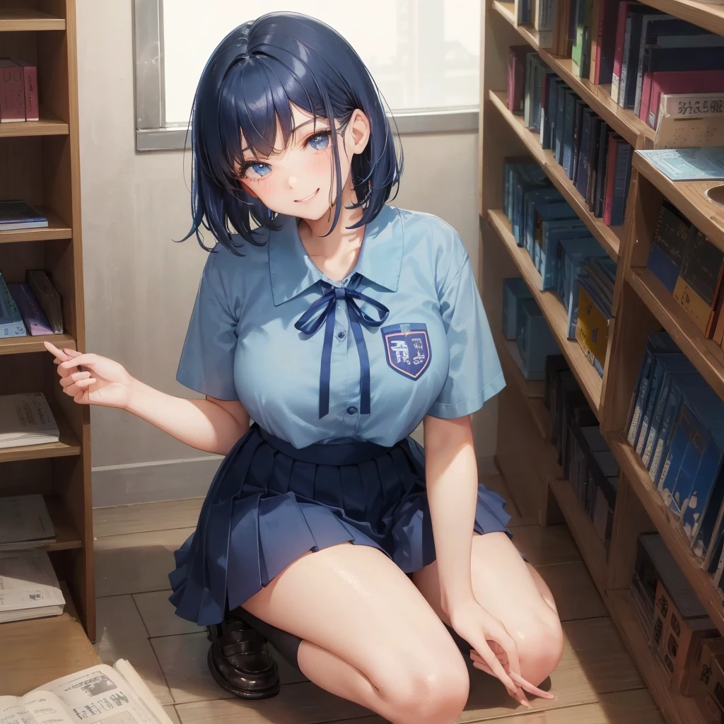 1. High school girl 17-year-old female Bobcut dark blue hair color High School Uniform Light blue Y-shirt Short sleeve Blue Ribbon dark blue hair color Slim figure Large Breasts Full body portrait 学校のlibrary Smiling Kindly Laugh a little library Hand Signs Squat Kneel Look up here