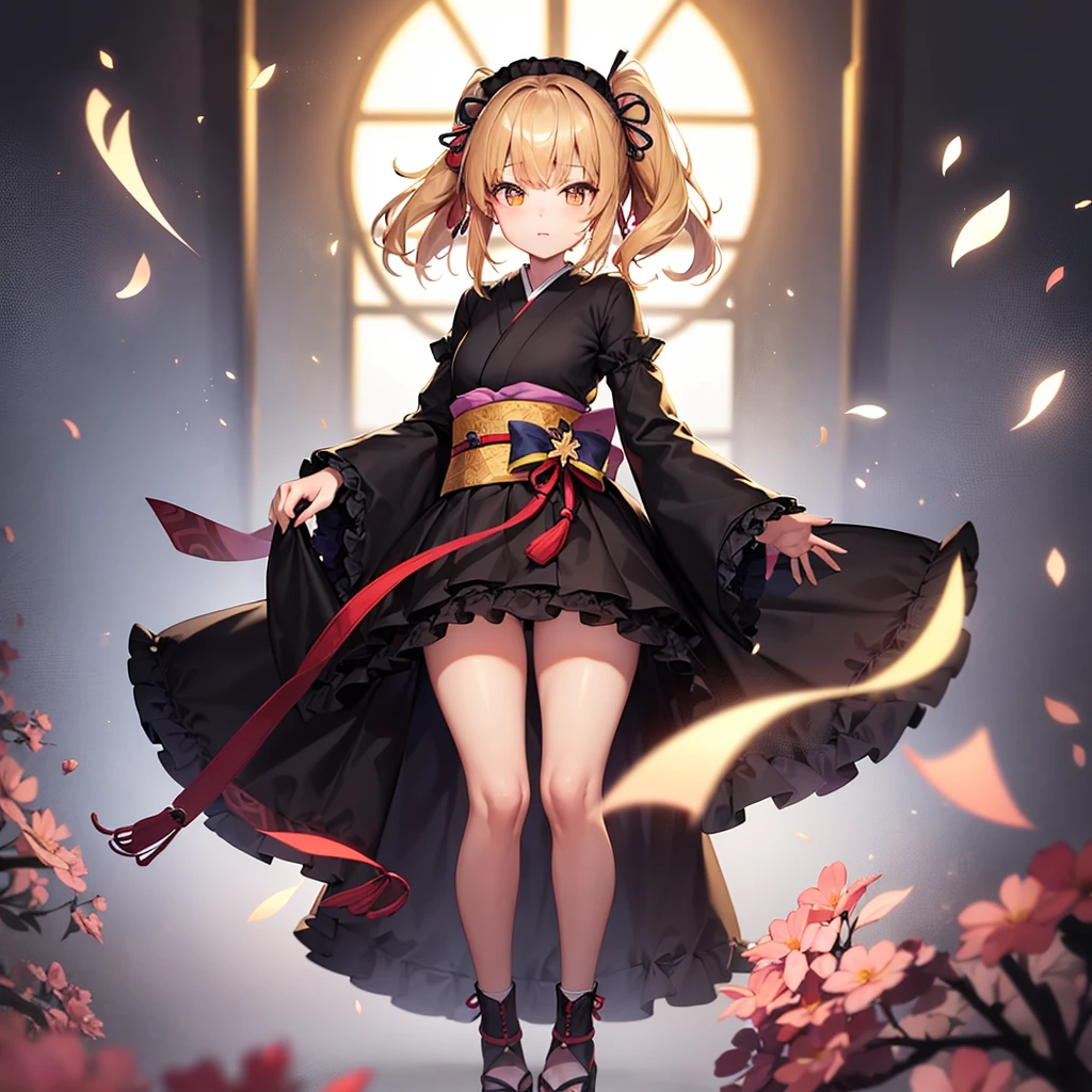 ((Japanese style)),ta Fashion,(mini skirt),(Frills),(Revealing clothing),(In a naughty way),Cute little ,Tiny ,Small girl,,Childish face, Very fine clean face,Top quality,Straight Hair,Yellow hair,(Dark Room), Subtle light, Natural light,Soft lighting,Light from directly behind,(Open your hands), (Are standing),Front view,Black background