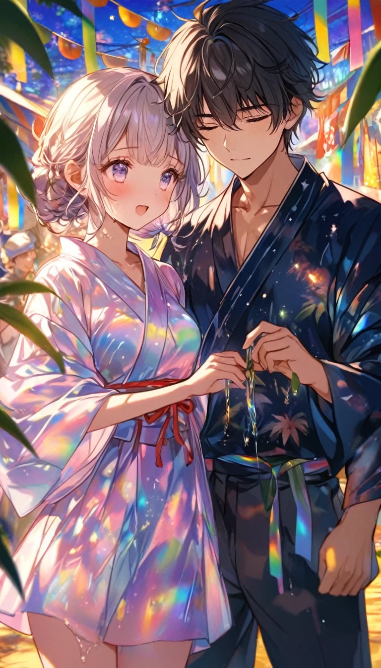 Sad expression、Caving、Stripを見つめ合うTwo people、Two people、Tanabata、Strip、Bamboo leaf、Stripに願いをこめて、Grilling in a yukata,fluid,Particles of light, dream-like,Sparkling,dream-like glow,Paint drips,oil,strong stroke,Paint drips,Splash Paint Drop, oil,(Abstract:1.2)A girl and a boy made up of(Tanabataライトトレース:1.25),Change to (Radioluminescence light tracking) スタイルTanabataのSummer festival,Two peopleは織姫と彦星(Cowboy Shot),Temple Fair,Summer festival,Shining in rainbow colors、16K, Ultra-high resolution, to be born,wonderful ,future、Iridescent、The world 30 years from now。