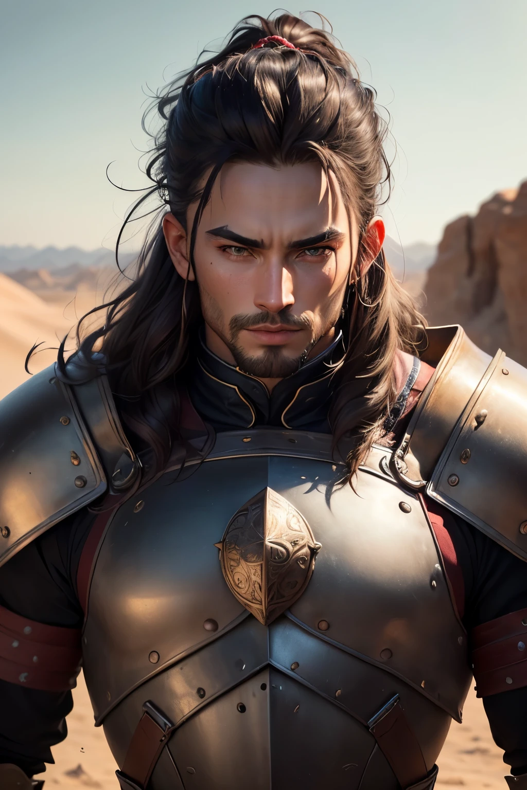 ((best quality)), ((masterpiece)), (detailed), Prize-winning works, with incredible details, maximum textures and details, mantea ,1 An adventurous warrior man in armor,(mature man killer 30 years old:1.1,detailedeyes, face detailed, whole body:1.1,the background is a desert ),(best qualityer:1.2,ultra detali:1.1,realisitic:1.37),stone medieval ancient city ,eyeshadows,hidden identity,sharp focus,swirly vibrant colors,moonlights), (twilight), (natta), 8K