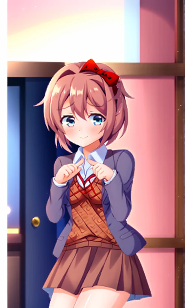 one girl, Sayori, DDLC, school blazer, hair bow, close to girl, light blue eyes, beautiful, index finders together, ashamed, blush, upward glance, dry smile, index finders, shifty eyes, short skirt, girl focus