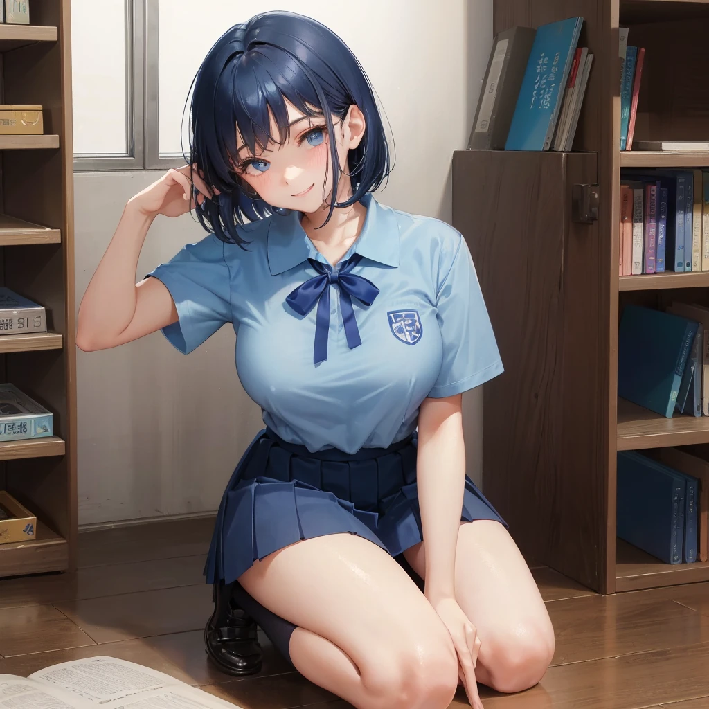 1. High school girl　17-year-old female　Bobcut　dark blue hair color　High School Uniform　Light blue Y-shirt　Short sleeve　Blue Ribbon　dark blue hair color　Slim figure　Large Breasts　Full body portrait　学校のlibrary　Smiling Kindly　Laugh a little　library　Hand Signs　Squat　Kneel　Look up here　