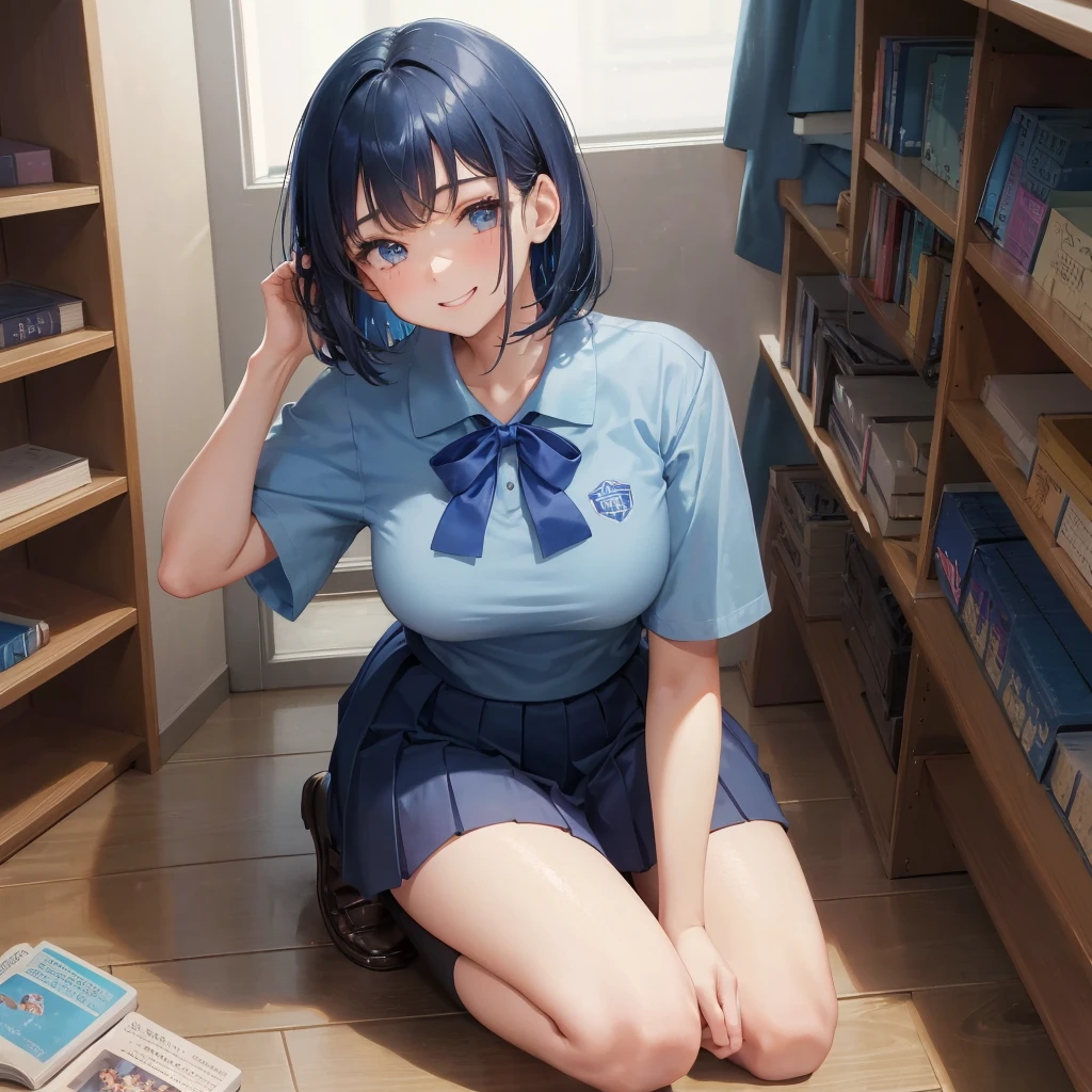 1. High school girl　17-year-old female　Bobcut　dark blue hair color　High School Uniform　Light blue Y-shirt　Short sleeve　Blue Ribbon　dark blue hair color　Slim figure　Large Breasts　Full body portrait　学校のlibrary　Smiling Kindly　Laugh a little　library　Hand Signs　Squat　Kneel　Look up here　