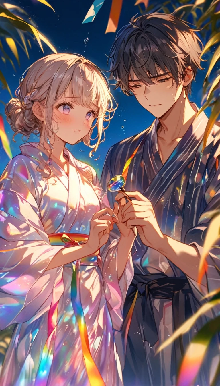 Sad expression、Caving、Stripを見つめ合うTwo people、Two people、Tanabata、Strip、Bamboo leaf、Stripに願いをこめて、Grilling in a yukata,fluid,Particles of light, dream-like,Sparkling,dream-like glow,Paint drips,oil,strong stroke,Paint drips,Splash Paint Drop, oil,(Abstract:1.2)A girl and a boy made up of(Tanabataライトトレース:1.25),Change to (Radioluminescence light tracking) スタイルTanabataのSummer festival,Two peopleは織姫と彦星(Cowboy Shot),Temple Fair,Summer festival,Shining in rainbow colors、16K, Ultra-high resolution, to be born,wonderful ,future、Iridescent、The world 30 years from now。