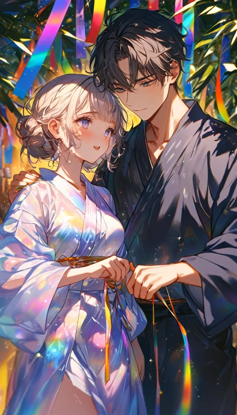 Sad expression、Caving、Stripを見つめ合うTwo people、Two people、Tanabata、Strip、Bamboo leaf、Stripに願いをこめて、Grilling in a yukata,fluid,Particles of light, dream-like,Sparkling,dream-like glow,Paint drips,oil,strong stroke,Paint drips,Splash Paint Drop, oil,(Abstract:1.2)A girl and a boy made up of(Tanabataライトトレース:1.25),Change to (Radioluminescence light tracking) スタイルTanabataのSummer festival,Two peopleは織姫と彦星(Cowboy Shot),Temple Fair,Summer festival,Shining in rainbow colors、16K, Ultra-high resolution, to be born,wonderful ,future、Iridescent、The world 30 years from now。