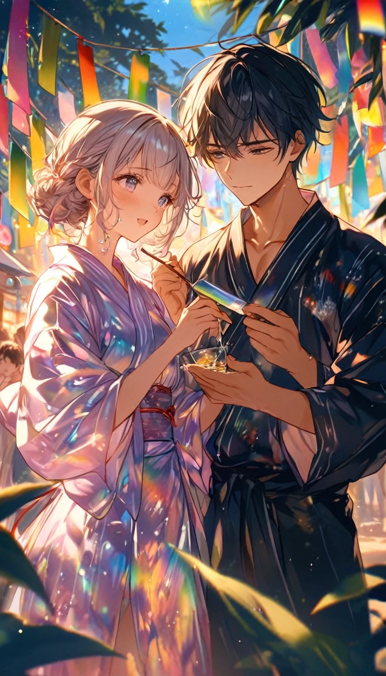 Sad expression、Caving、Stripを見つめ合うTwo people、Two people、Tanabata、Strip、Bamboo leaf、Stripに願いをこめて、Grilling in a yukata,fluid,Particles of light, dream-like,Sparkling,dream-like glow,Paint drips,oil,strong stroke,Paint drips,Splash Paint Drop, oil,(Abstract:1.2)A girl and a boy made up of(Tanabataライトトレース:1.25),Change to (Radioluminescence light tracking) スタイルTanabataのSummer festival,Two peopleは織姫と彦星(Cowboy Shot),Temple Fair,Summer festival,Shining in rainbow colors、16K, Ultra-high resolution, to be born,wonderful ,future、Iridescent、The world 30 years from now。